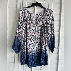 CATALOG FAVORITES White & Blue Floral 3/4 Sleeve Peasant Top Size Large